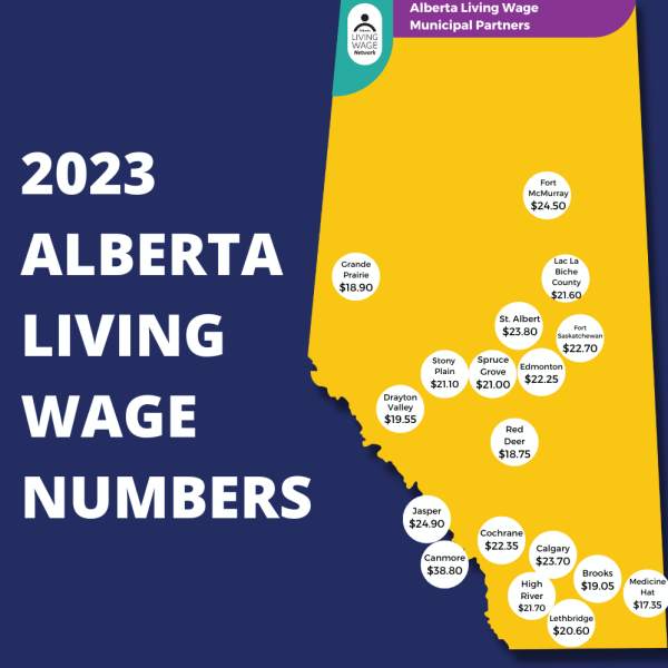 A map of living wage numbers in Alberta